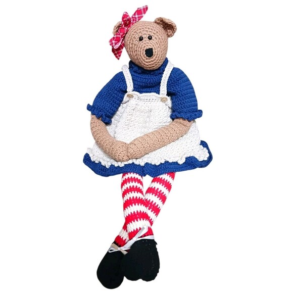 Vintage BIG Hand Crocheted Stuffed Teddy Bear Americana Girl Draft Blocker 32" H - Picture 1 of 7